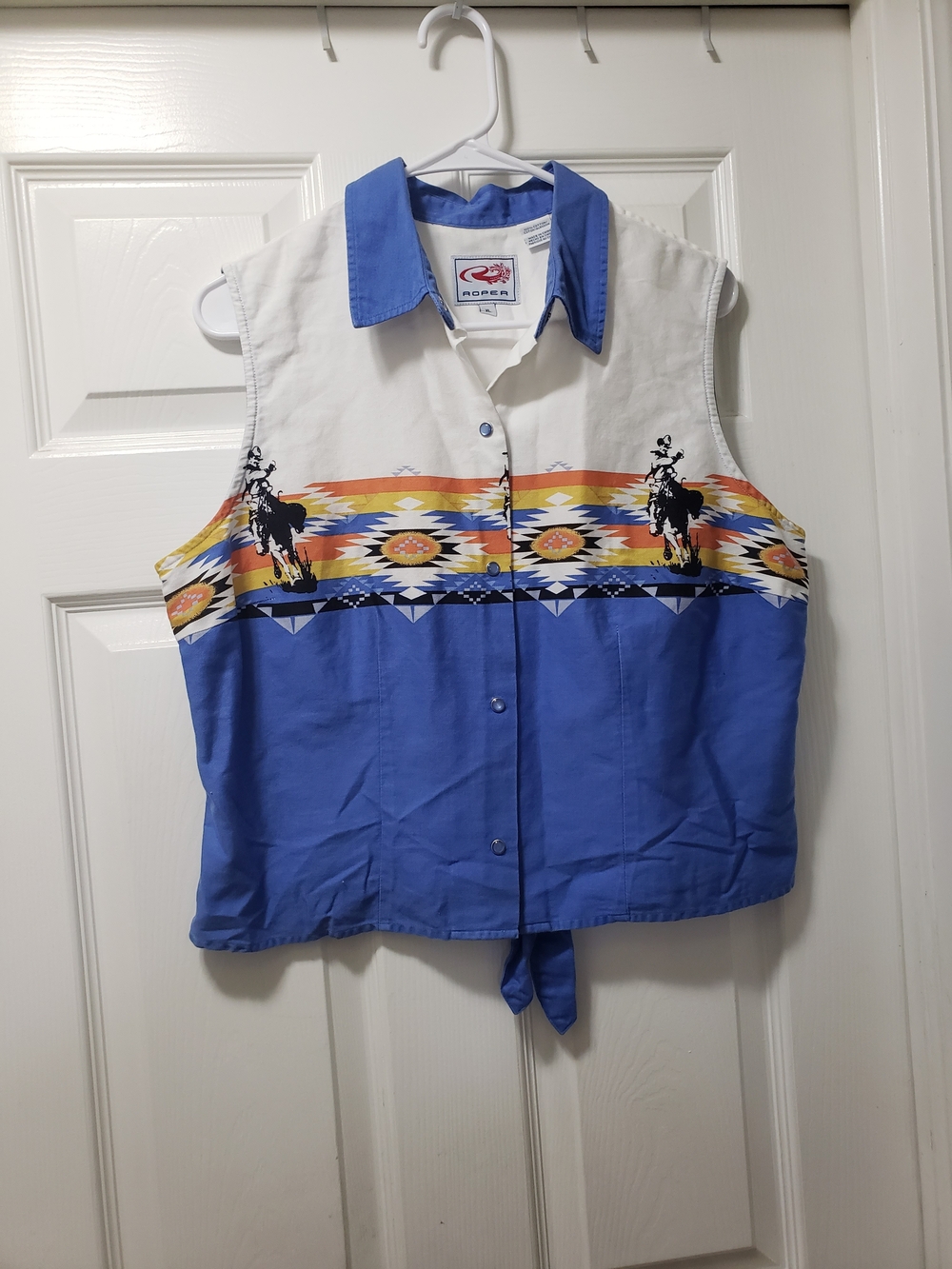 Roper Women's Blue, White & Orange Southwestern Tie-Front Button Shirt